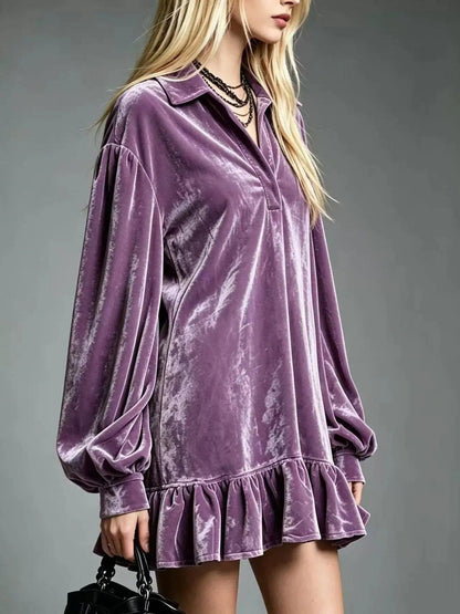 Full Size Velvet Ruffled Hem Long Sleeve Dress Plus Size Luxe Curves Plus Size Fashion