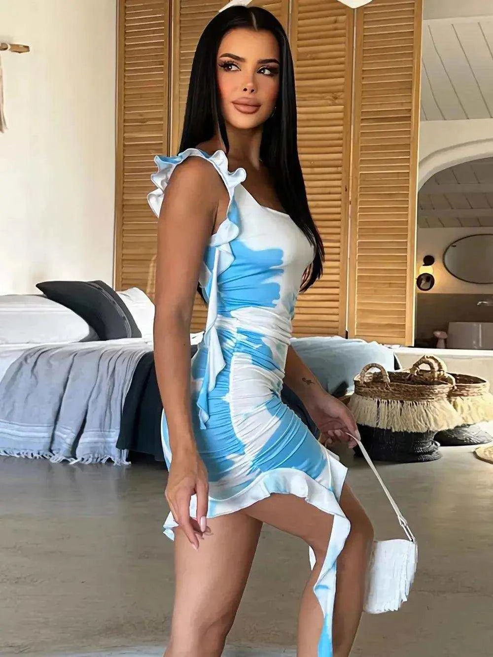 Ruffled Tie-Dye Single Shoulder Mini Dress Luxe Curves Plus Size Fashion