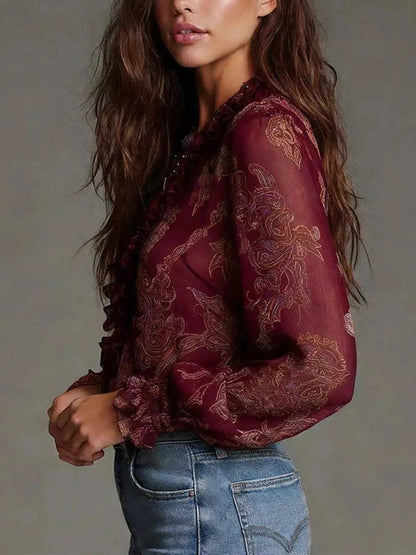Full Size Paisley Print Ruffle Trim Zip-Front Blouse Plus Size Luxe Curves Plus Size Fashion
