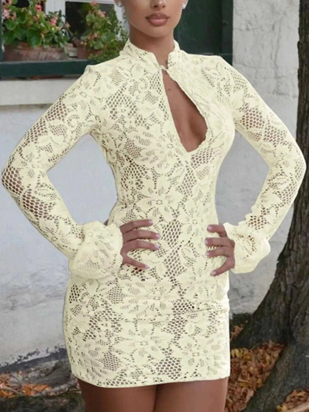 Lace Cutout Long Sleeve Mini Dress Luxe Curves Plus Size Fashion