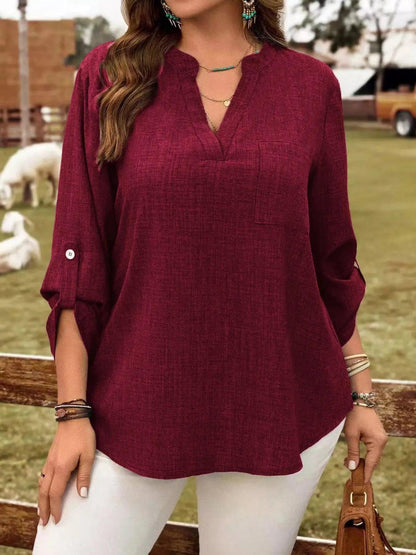Plus Size Notched Roll-Tab Sleeve Casual Blouse Luxe Curves Plus Size Fashion