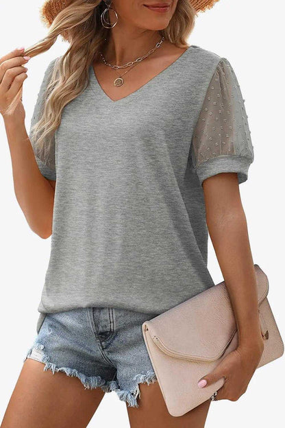 Swiss Dot Puff Sleeve V-Neck Tee Luxe Curves Plus Size Fashion