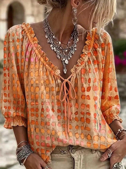 Full Size Tie Neck 3/4 Sleeve Blouse Plus Size Luxe Curves Plus Size Fashion