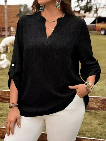Plus Size Notched Roll-Tab Sleeve Casual Blouse Luxe Curves Plus Size Fashion