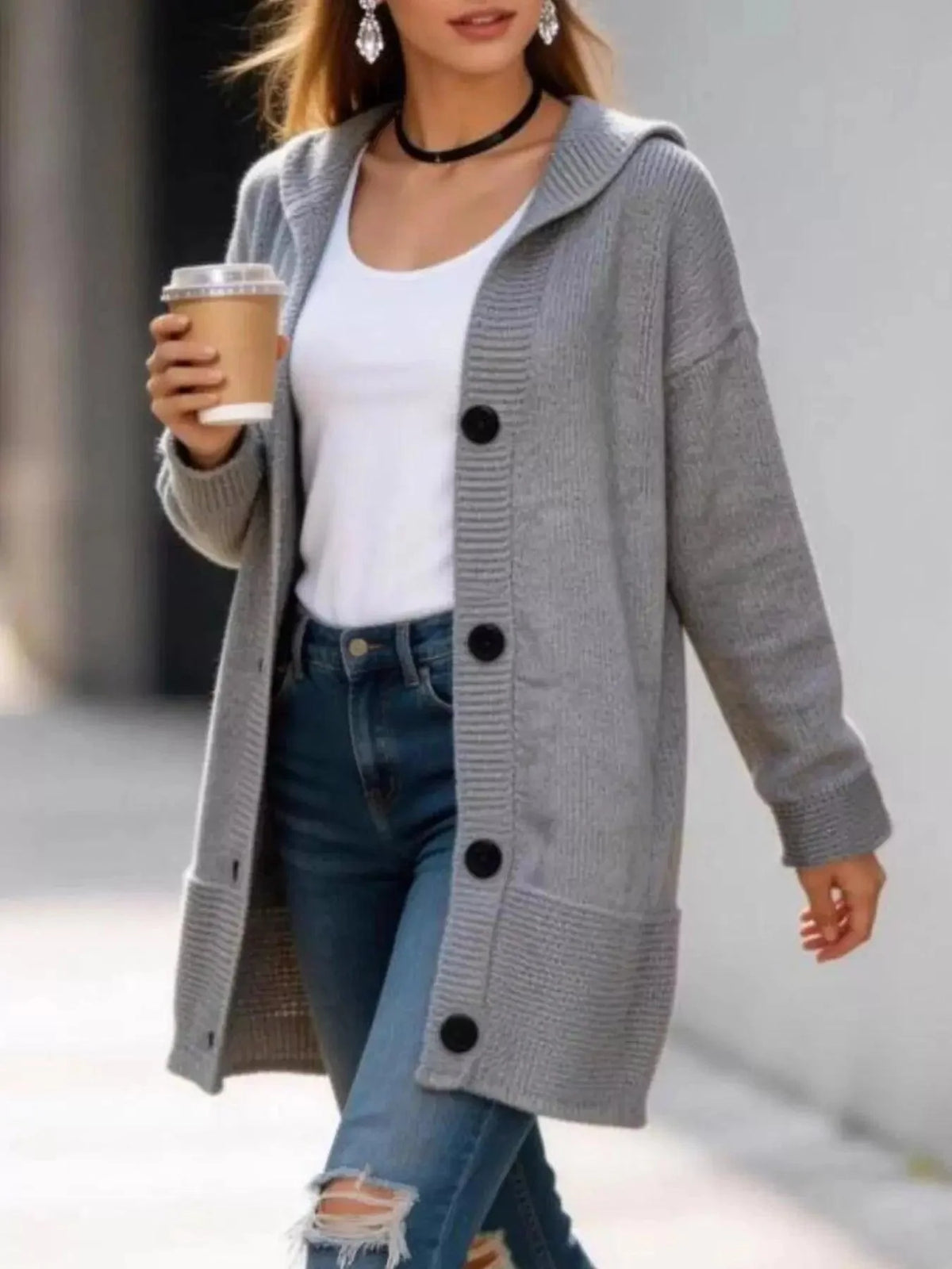 Full Size Casual Hooded gray ribbed knit cardigan with button front, shawl collar, pockets, and long sleeves