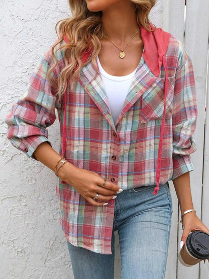 Plaid Button-Up Hooded Shirt with Chest Pocket Luxe Curves Plus Size Fashion