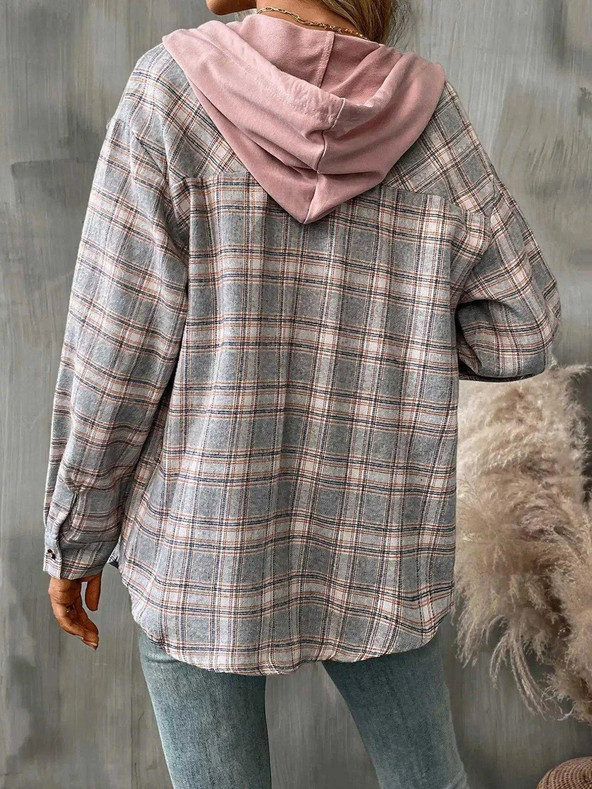 Plaid Button-Up Hooded Shirt with Chest Pocket Luxe Curves Plus Size Fashion