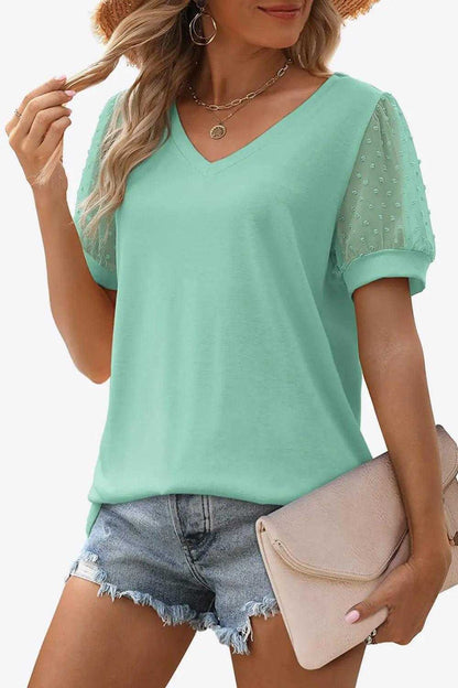 Swiss Dot Puff Sleeve V-Neck Tee Luxe Curves Plus Size Fashion