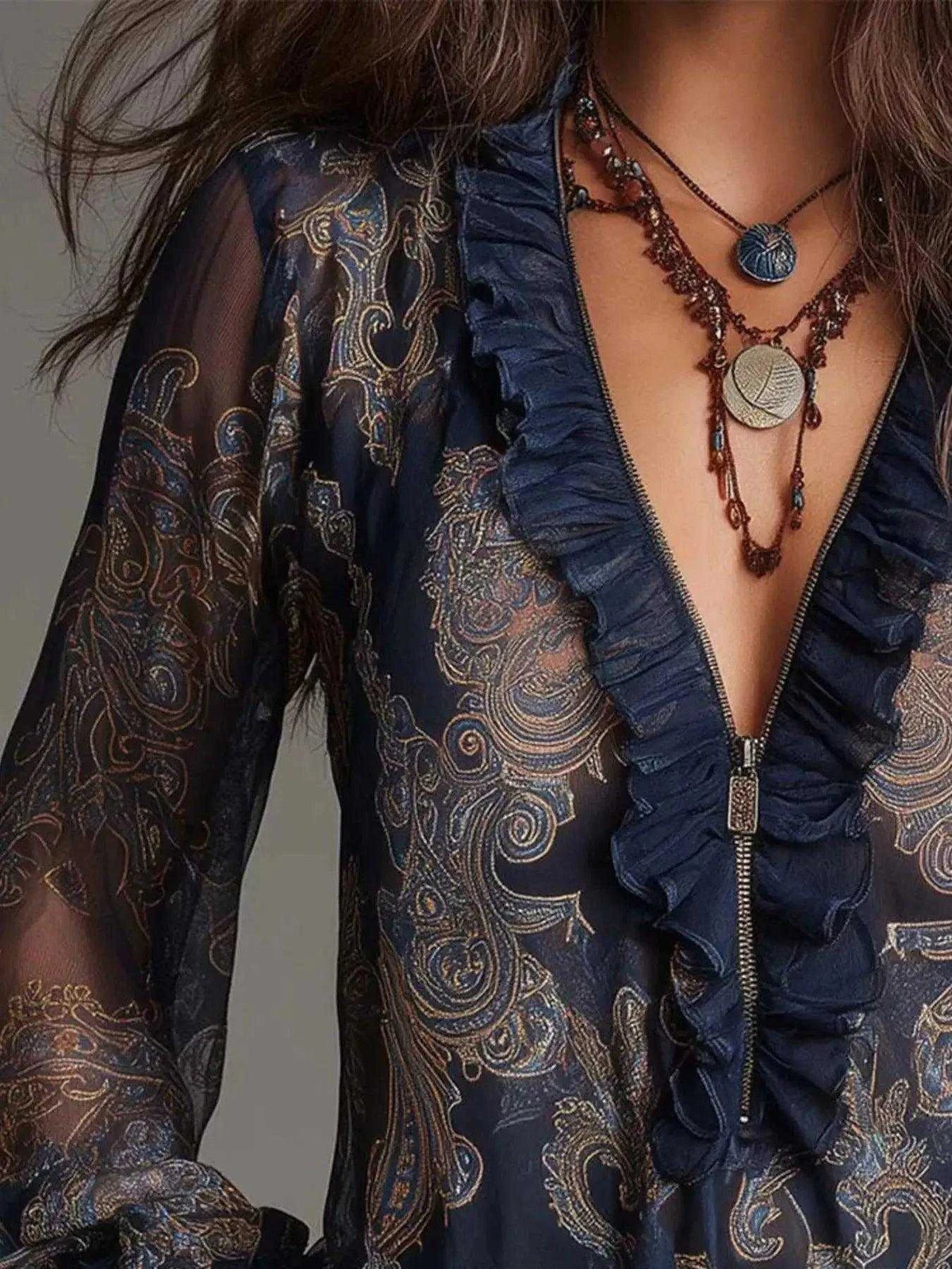 Full Size Paisley Print Ruffle Trim Zip-Front Blouse Plus Size Luxe Curves Plus Size Fashion