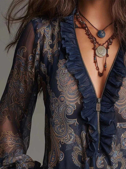 Full Size Paisley Print Ruffle Trim Zip-Front Blouse Plus Size Luxe Curves Plus Size Fashion