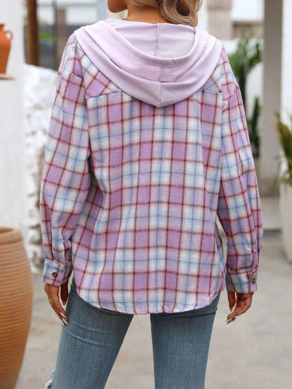 Plaid Button-Up Hooded Shirt with Chest Pocket Luxe Curves Plus Size Fashion