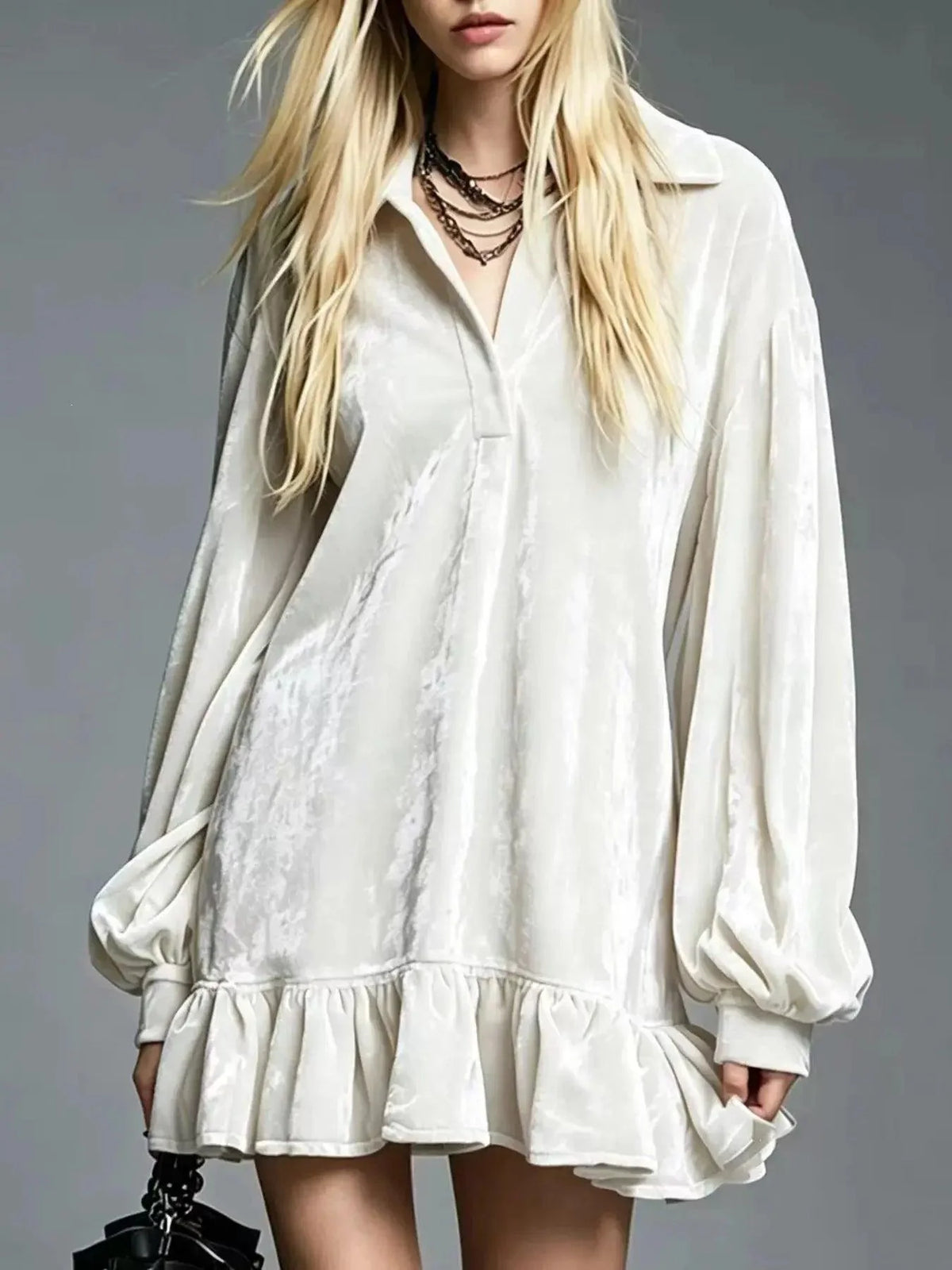 Full Size Velvet Ruffled Hem dress in white satin with long sleeves, gathered cuffs, and flared ruffle skirt