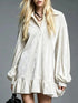 Full Size Velvet Ruffled Hem dress in white satin with long sleeves, gathered cuffs, and flared ruffle skirt