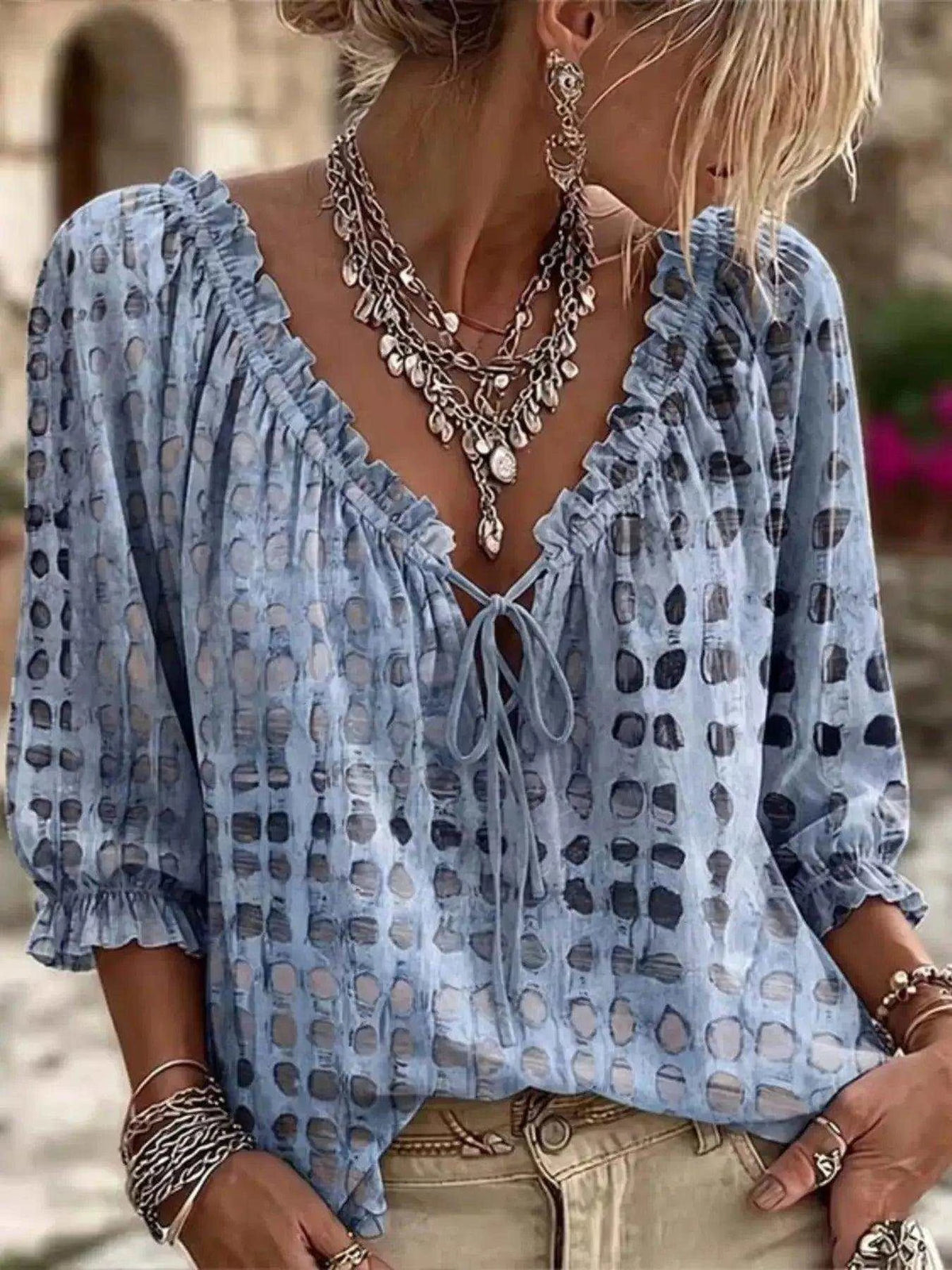 Full Size Tie Neck 3/4 Sleeve Blouse Plus Size Luxe Curves Plus Size Fashion