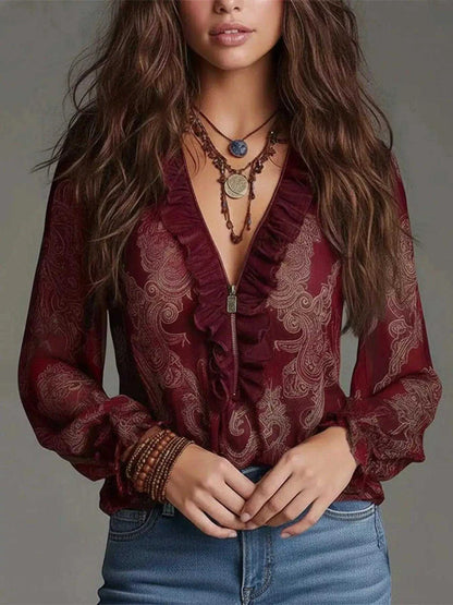 Full Size Paisley Print Ruffle Trim Zip-Front Blouse Plus Size Luxe Curves Plus Size Fashion