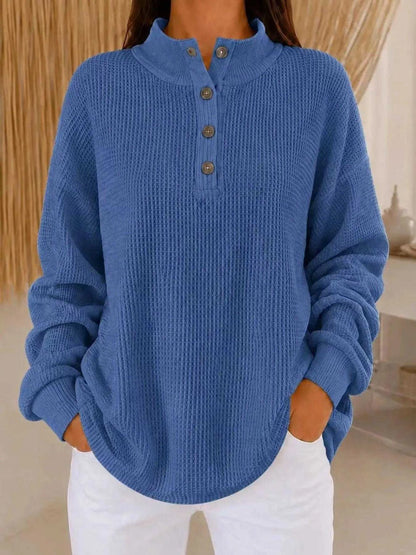 Full Size Waffle Knit Button Detail Sweatshirt Plus Size Luxe Curves Plus Size Fashion