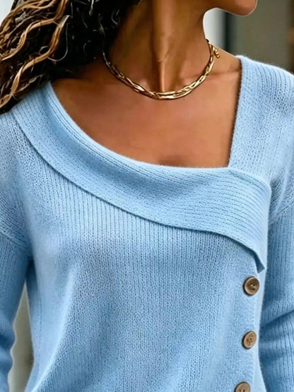 Full Size Asymmetrical Decor Button Sweater Plus Size Luxe Curves Plus Size Fashion