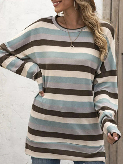 Full Size Casual Striped Long Sleeve Crew Neck Top Plus Size Luxe Curves Plus Size Fashion