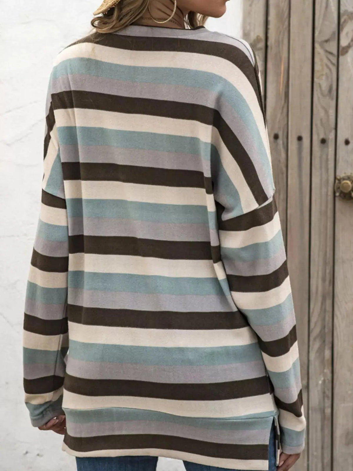 Full Size Casual Striped Long Sleeve Crew Neck Top Plus Size Luxe Curves Plus Size Fashion