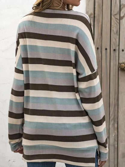 Full Size Casual Striped Long Sleeve Crew Neck Top Plus Size Luxe Curves Plus Size Fashion