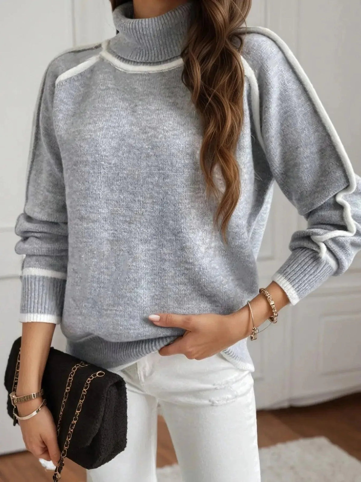 Turtleneck Contrast Trim Sweater in soft gray knit with white piping, ribbed collar, cuffs, and hem
