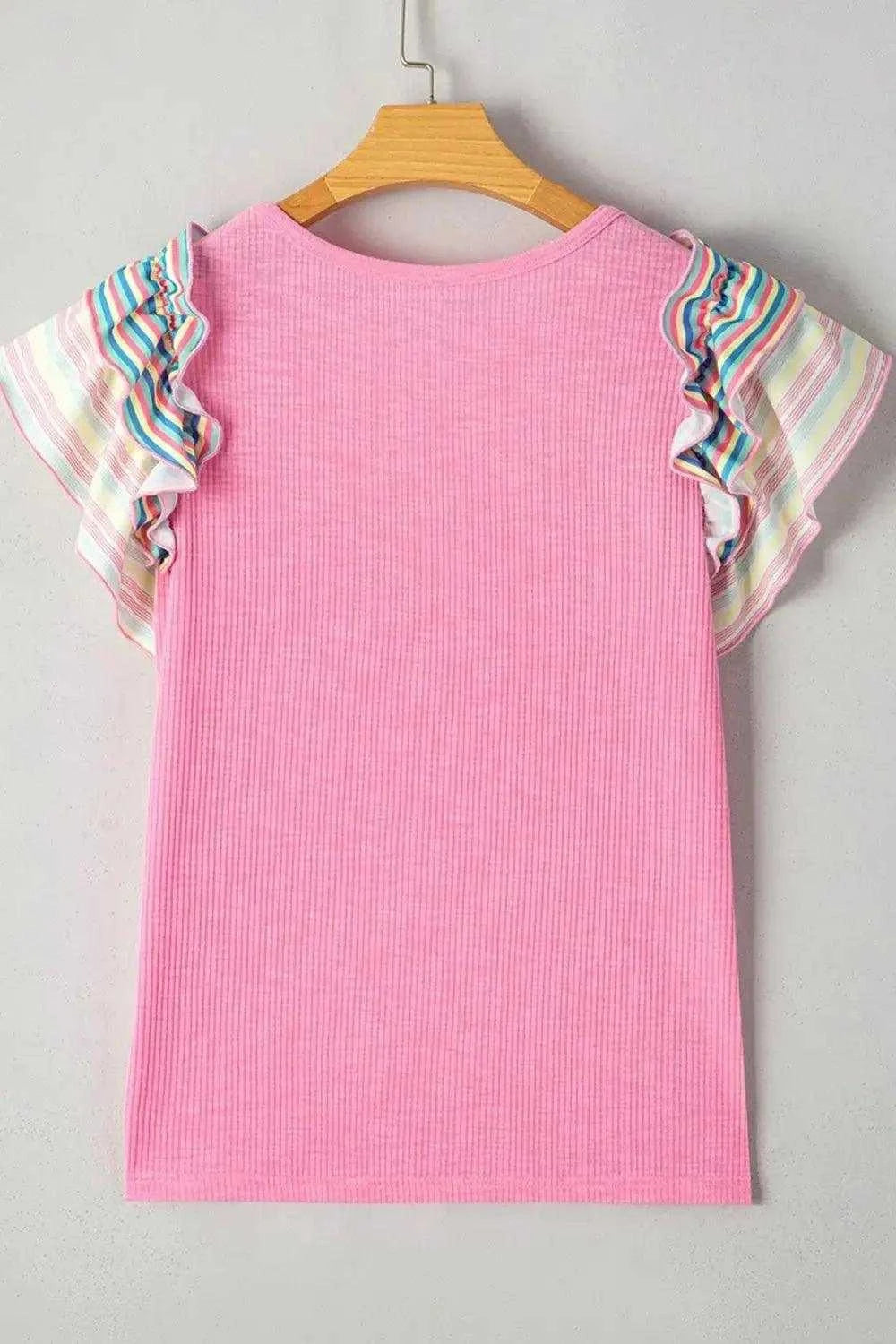 Striped Ruffle Flutter Sleeve Ribbed Blouse Luxe Curves Plus Size Fashion