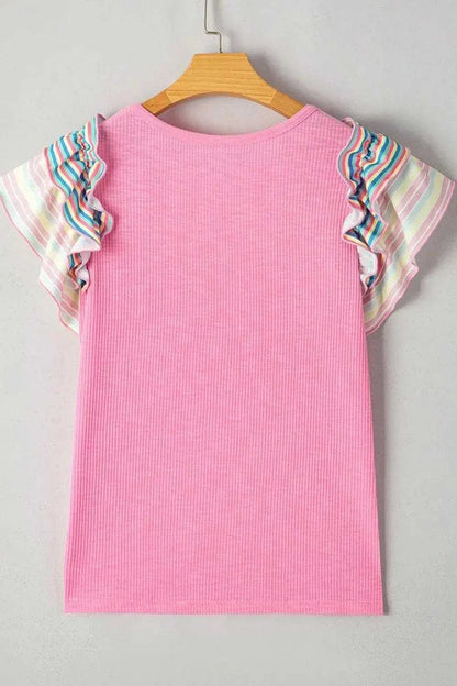 Striped Ruffle Flutter Sleeve Ribbed Blouse Luxe Curves Plus Size Fashion