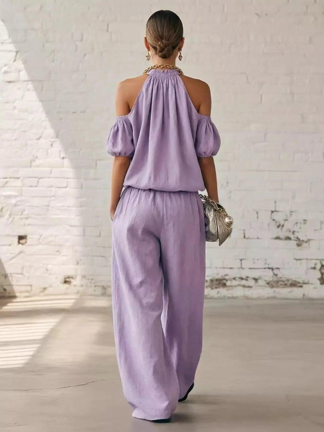 Full Size Cold-Shoulder Top and Wide-Leg Pant Set Plus Size Luxe Curves Plus Size Fashion