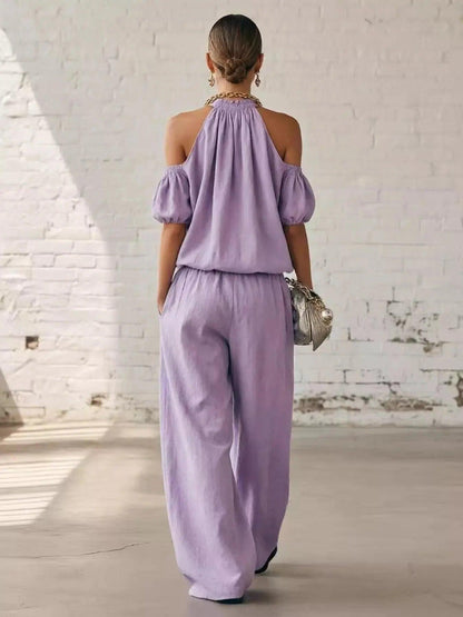 Full Size Cold-Shoulder Top and Wide-Leg Pant Set Plus Size Luxe Curves Plus Size Fashion