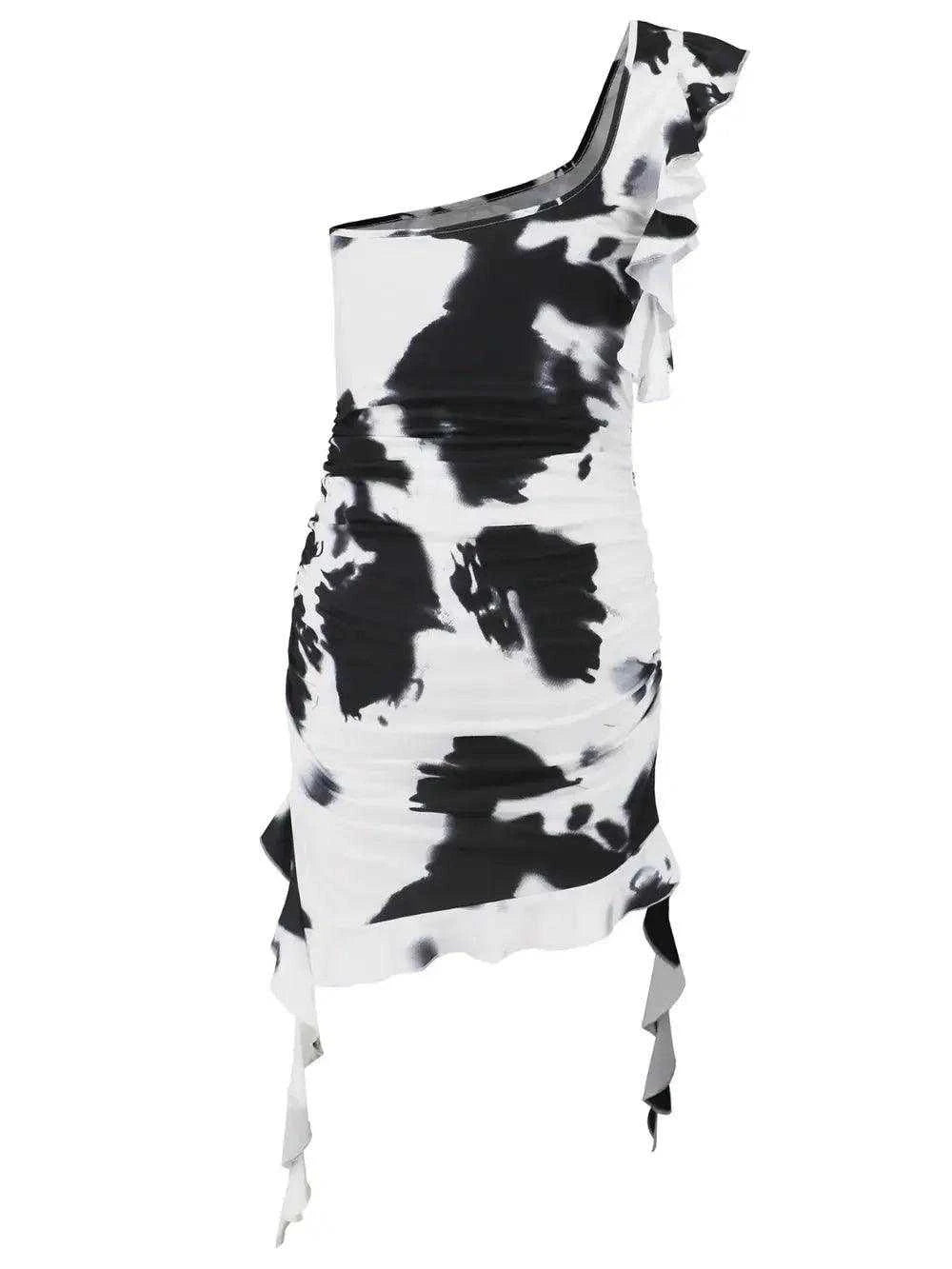 Ruffled Tie-Dye Single Shoulder Mini Dress Luxe Curves Plus Size Fashion