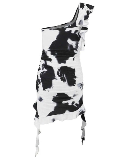 Ruffled Tie-Dye Single Shoulder Mini Dress Luxe Curves Plus Size Fashion