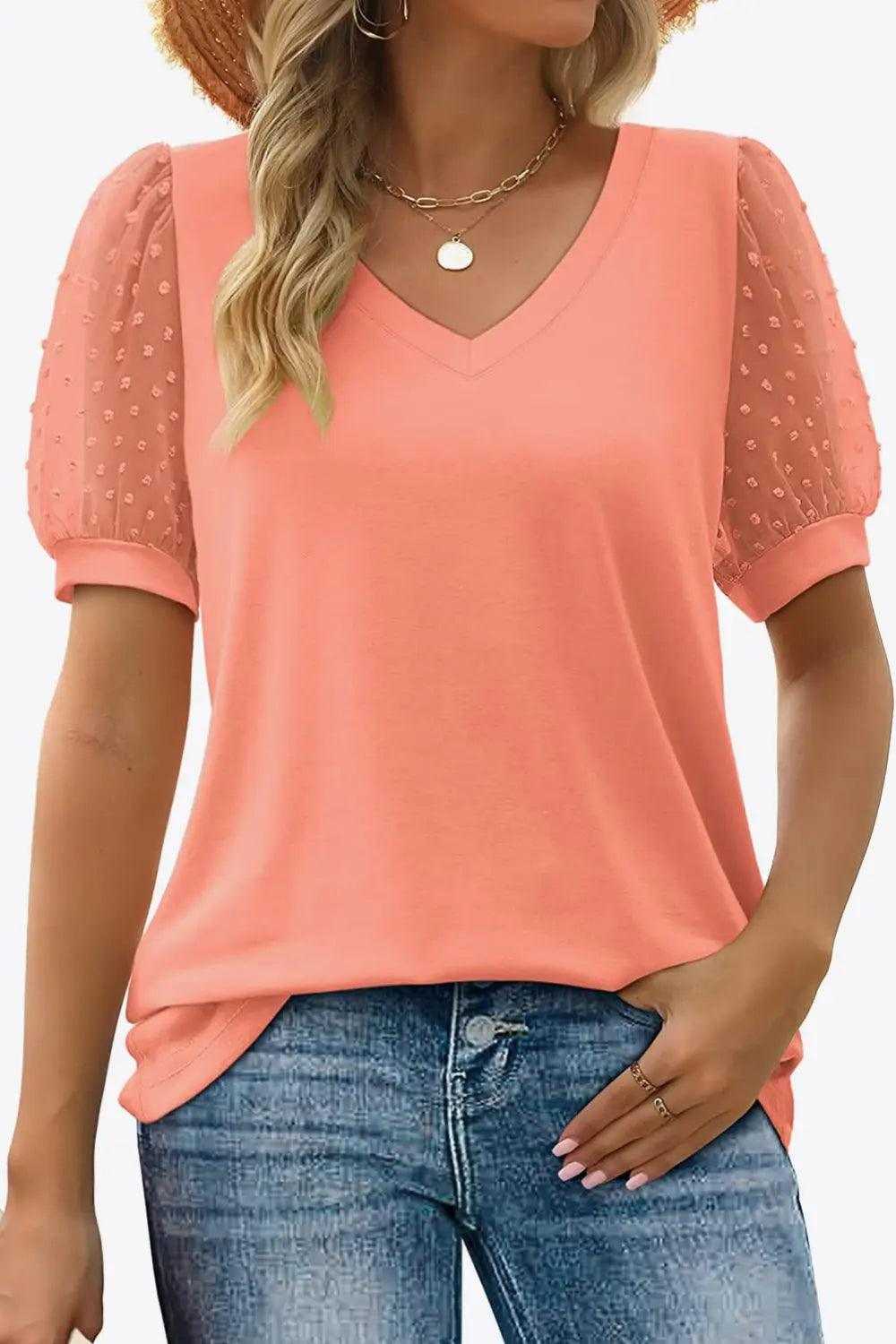 Swiss Dot Puff Sleeve V-Neck Tee Luxe Curves Plus Size Fashion