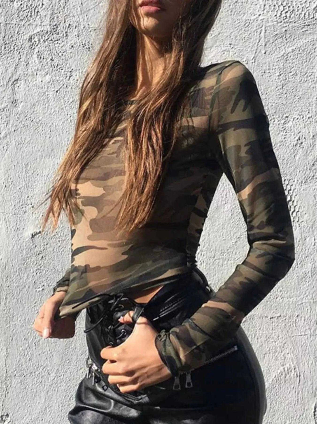 Camouflage Mesh Long Sleeve T-Shirt Luxe Curves Plus Size Fashion