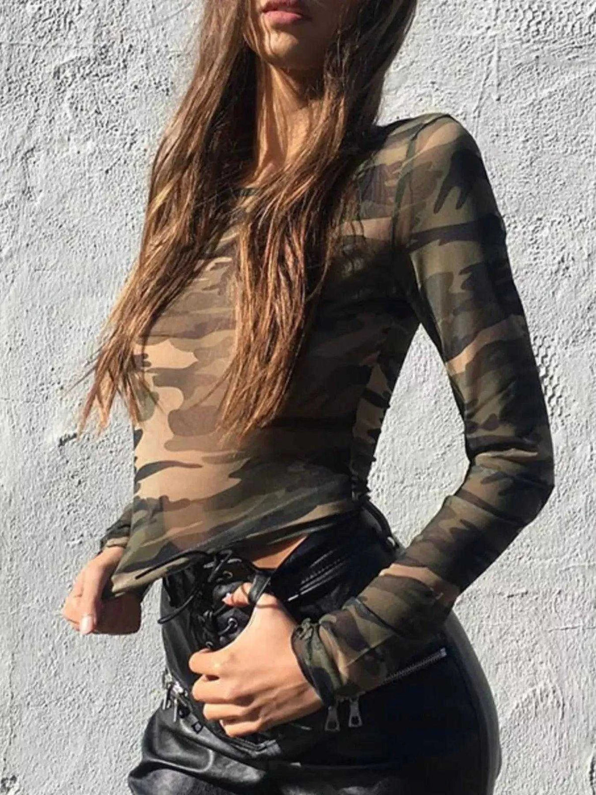 Camouflage Mesh Long Sleeve T-Shirt Luxe Curves Plus Size Fashion