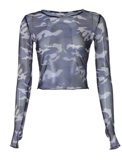 Camouflage Mesh Long Sleeve T-Shirt Luxe Curves Plus Size Fashion
