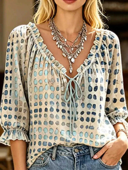 Full Size Tie Neck 3/4 Sleeve Blouse Plus Size Luxe Curves Plus Size Fashion