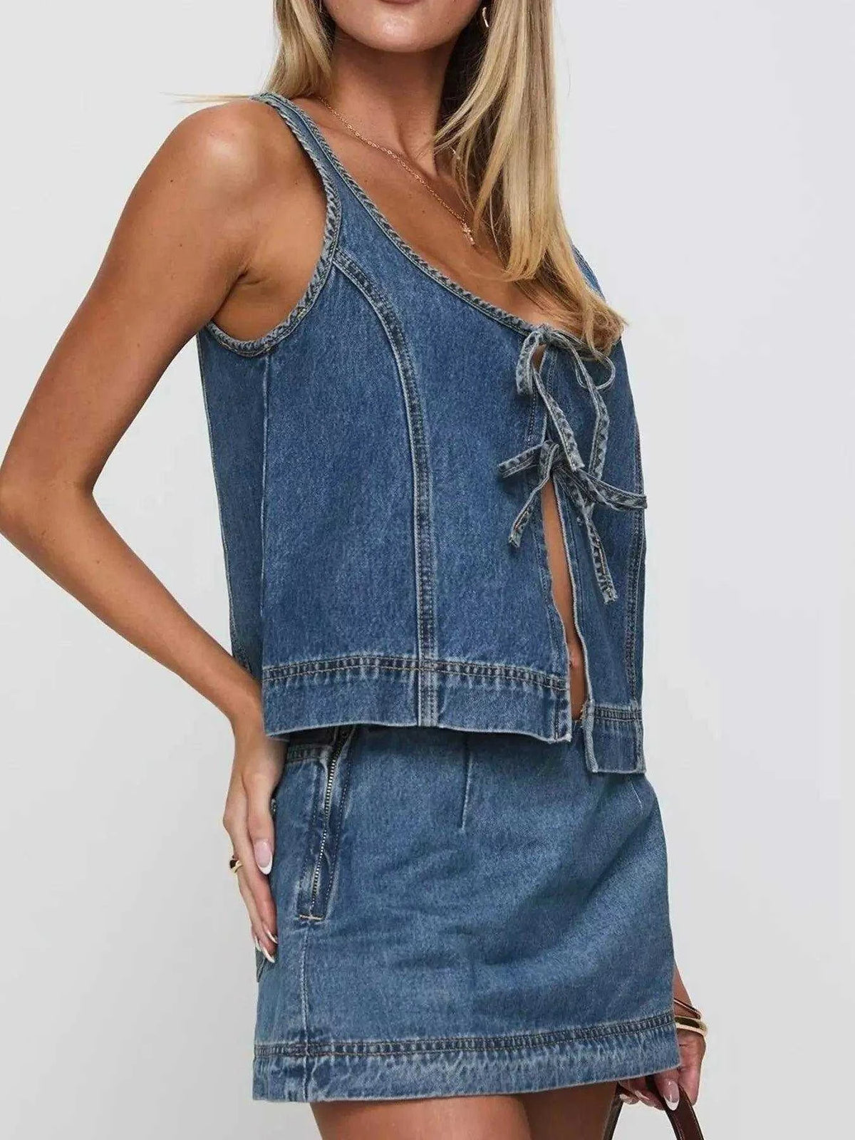 Tie-Front Tank and Skirt Denim Set Luxe Curves Plus Size Fashion