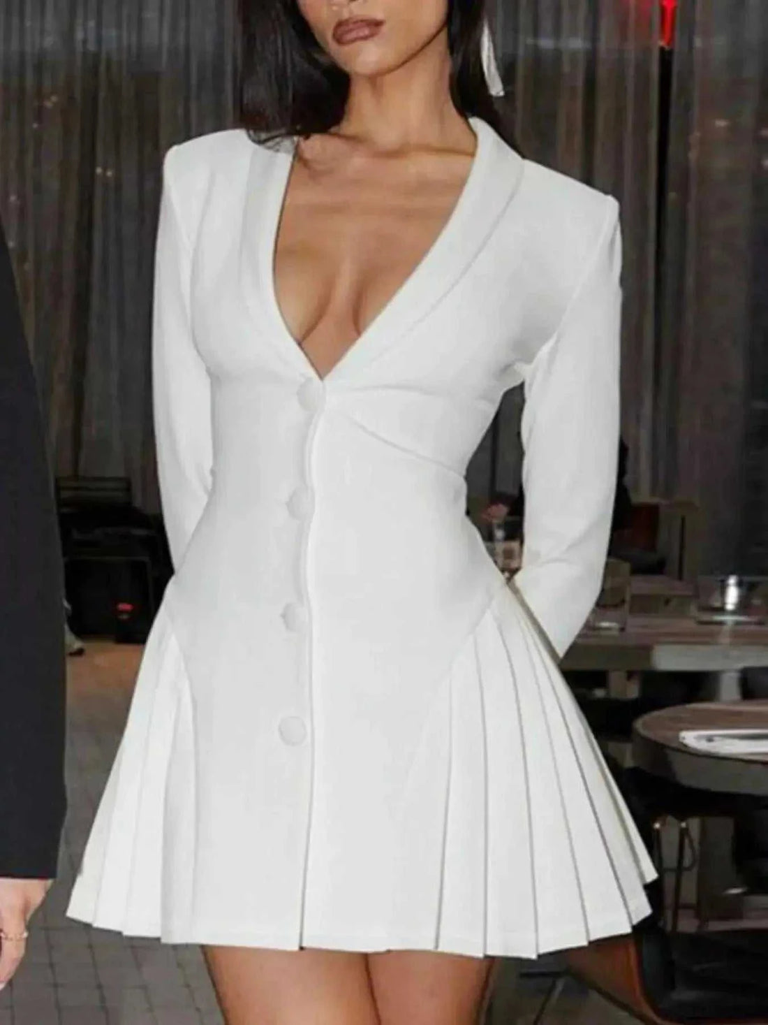 Button Down Blazer mini dress in white polyester with long sleeves, notched lapels, buttons, and pleated skirt