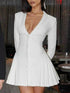 Button Down Blazer mini dress in white polyester with long sleeves, notched lapels, buttons, and pleated skirt