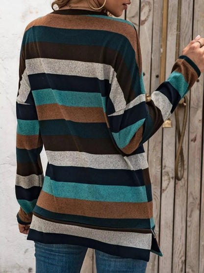 Full Size Casual Striped Long Sleeve Crew Neck Top Plus Size Luxe Curves Plus Size Fashion