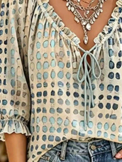 Full Size Tie Neck 3/4 Sleeve Blouse Plus Size Luxe Curves Plus Size Fashion