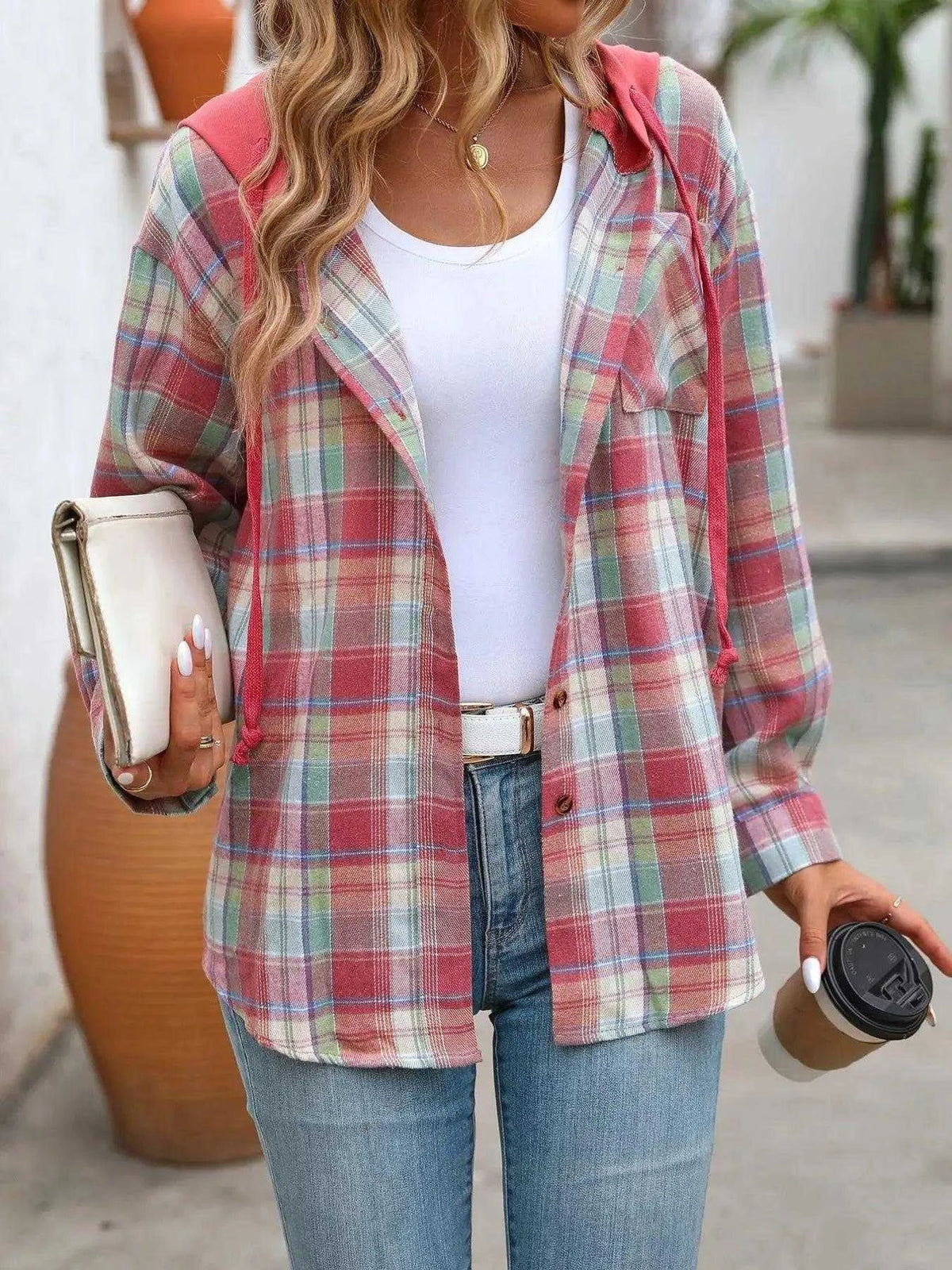 Plaid Button-Up Hooded Shirt with Chest Pocket Luxe Curves Plus Size Fashion