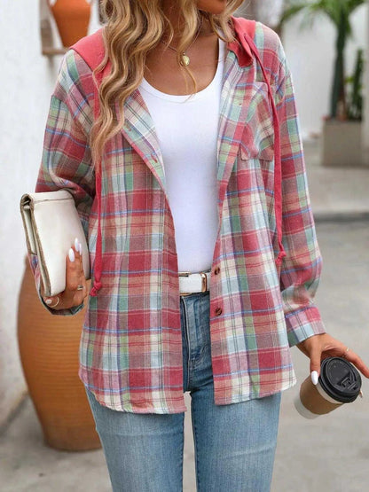 Plaid Button-Up Hooded Shirt with Chest Pocket Luxe Curves Plus Size Fashion