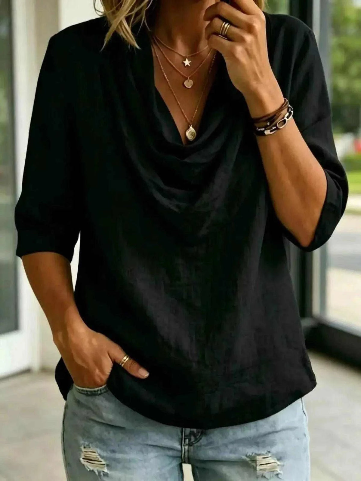 Full Size Cowl Neck 3/4 Sleeve Top Plus Size Luxe Curves Plus Size Fashion