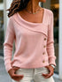 Full Size Asymmetrical Decor Button Sweater in soft pink knit with diagonal neckline and side buttons
