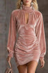 Velvet Ruched Mini Dress in blush pink velvet, featuring long sleeves, gathered sides, and a front cutout neckline