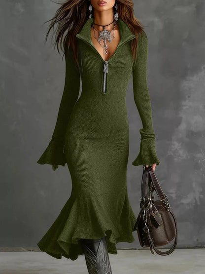 Full Size Quarter-Zip Mermaid Hem Knit Dress Plus Size Luxe Curves Plus Size Fashion