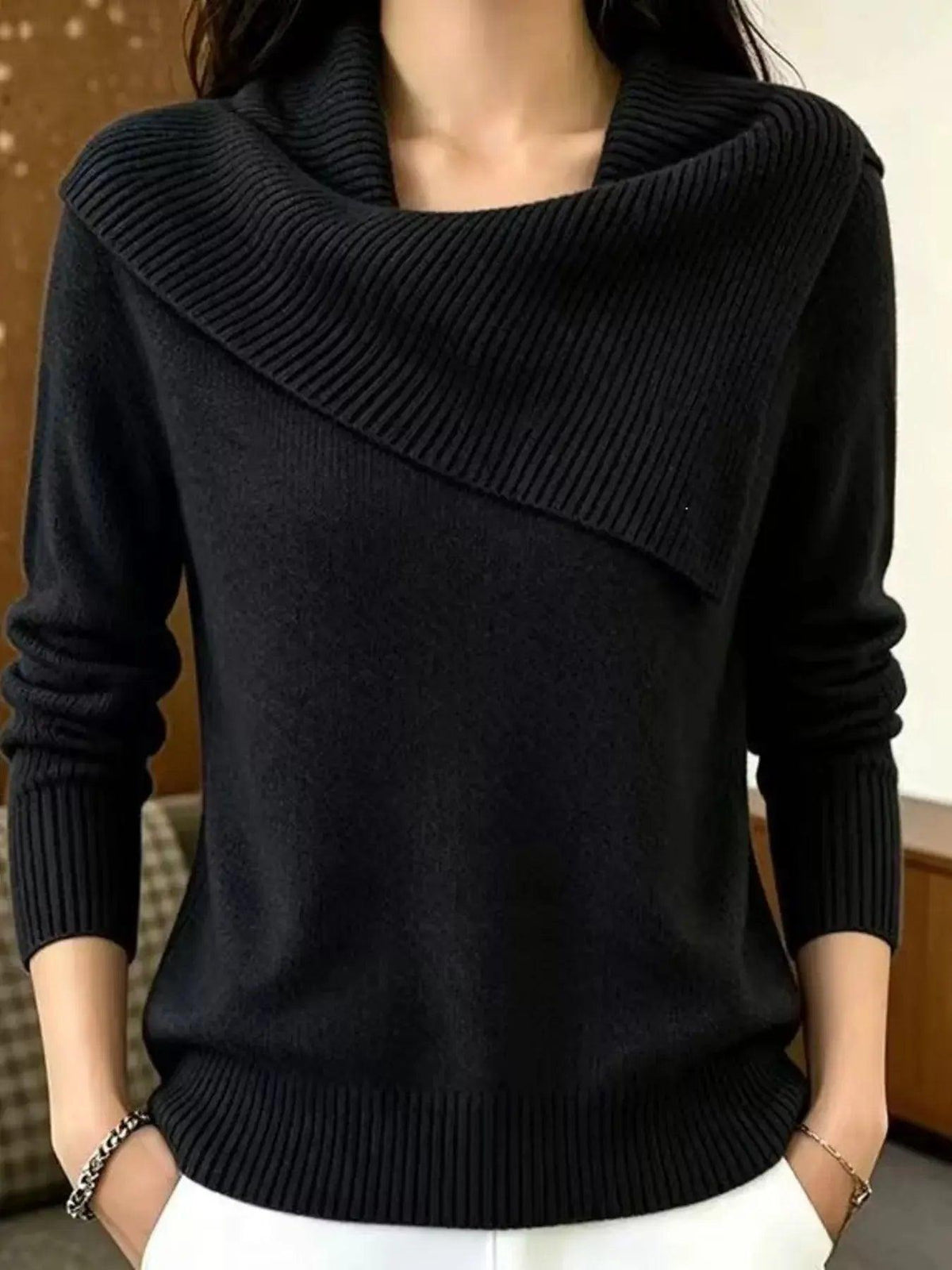 Full Size Asymmetric Ribbed Collar Sweater Plus Size Luxe Curves Plus Size Fashion