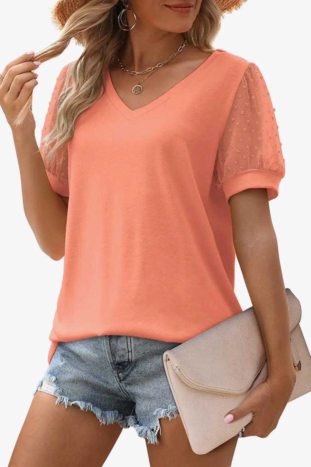 Swiss Dot Puff Sleeve V-Neck Tee Luxe Curves Plus Size Fashion