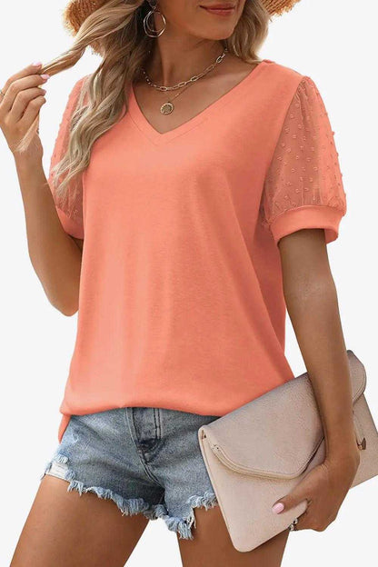 Swiss Dot Puff Sleeve V-Neck Tee Luxe Curves Plus Size Fashion
